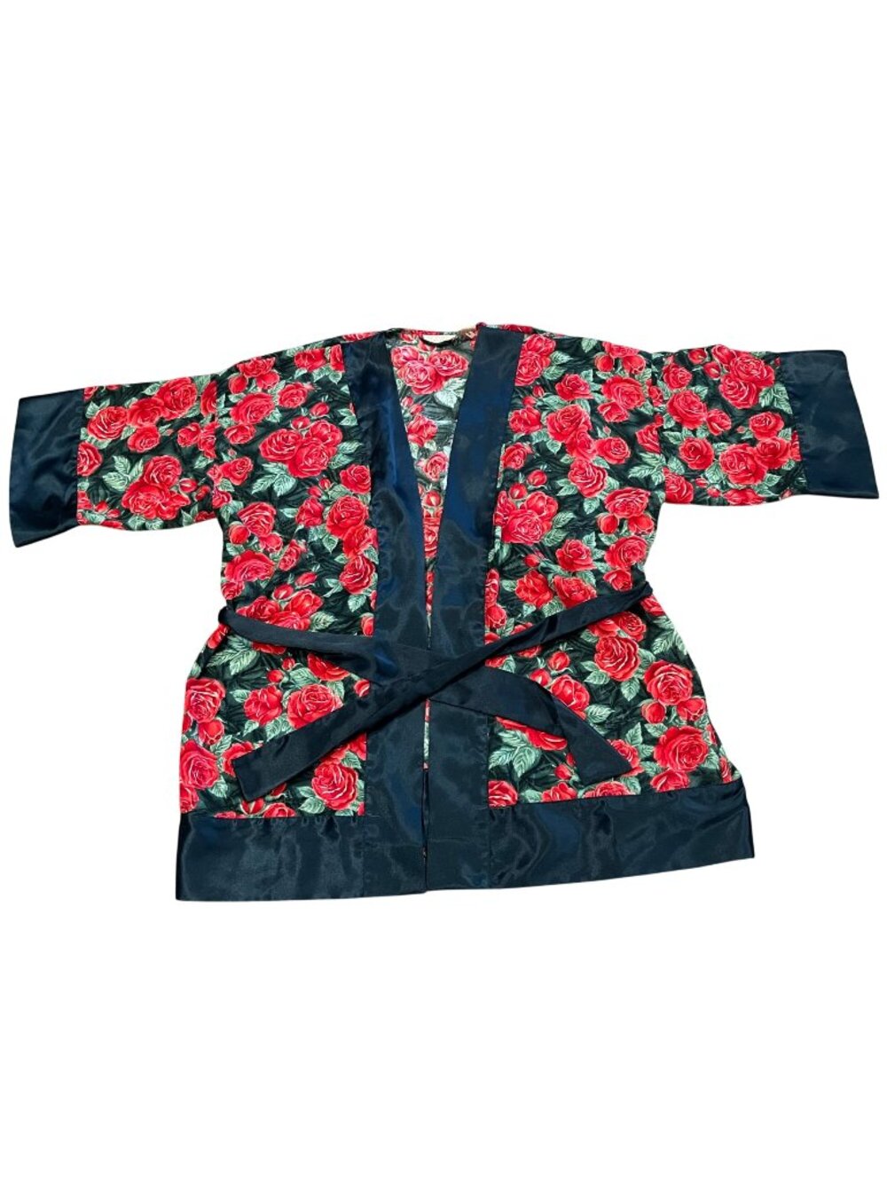 Victoria's Secret Gold Label VTG Short Kimono Wrap Robe Red Green Floral Print